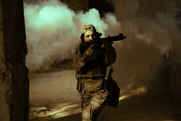 Woman in army. Tactical exercise. Soldier.