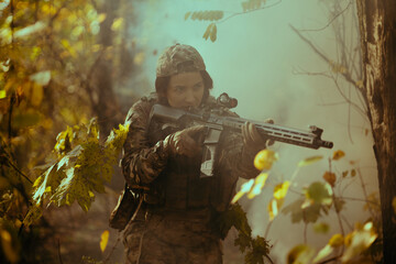 Woman in army. Tactical exercise. Soldier.