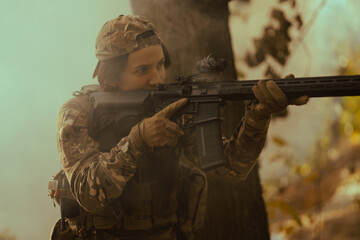 Woman in army. Tactical exercise. Soldier.