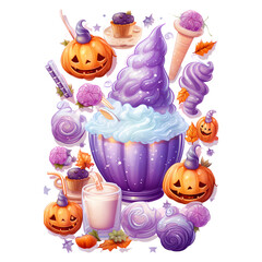 Whimsical magical Halloween Food in purples and oranges -isolated PNG