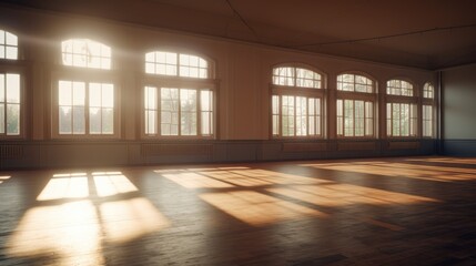 Empty classical dance hall with mirror, sunlight from windows. Ballet class