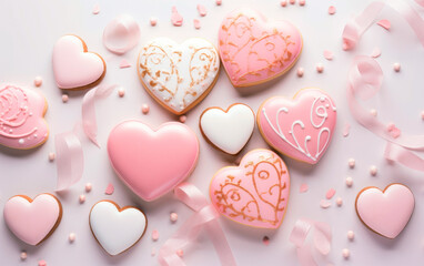 Obraz premium Valentine's Day banner. Top view of cute and delicious valentine's day cookies with copy space. Love concept. Celebrate life.
