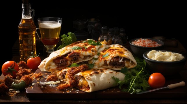 A plate of beef and cheese quesadillas with a mug of beer.