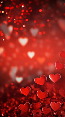 Obraz premium Vertical Valentine's Day background. Abstract header wallpaper with red hearts and copy space. Love concept. Celebrate life.