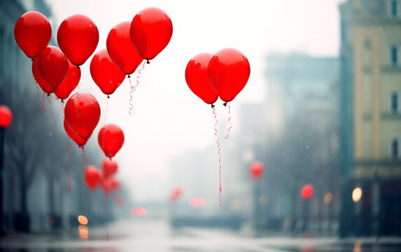 Valentine's Day banner. Red balloons in the street. Header wallpaper of love concept. Celebrate life.