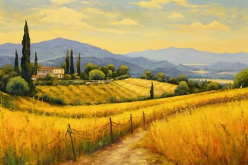 Oil painting of a warm Italian landscape with beautiful trees, yellow field, and mountains. Generative AI