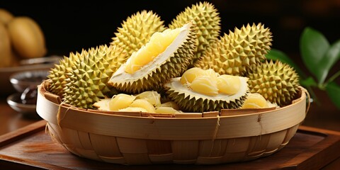 Closeup of Fresh Durian Fruit. Durian in a Basket