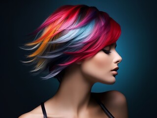 Portrait of a woman with bright colored flying hair, all shades. Hair coloring, beautiful lips and makeup. Hair fluttering in the wind. Sexy girl with short hair. Professional coloring