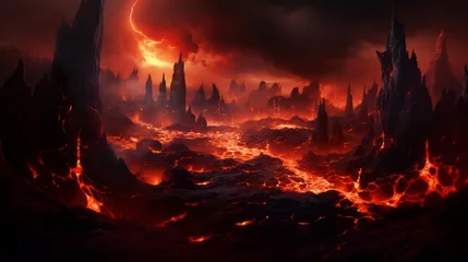 Fotobehang End of the world, the apocalypse, Armageddon. Lava flows flow across the planet, hell on earth, fantasy landscape inferno magma volcano © Mars0hod