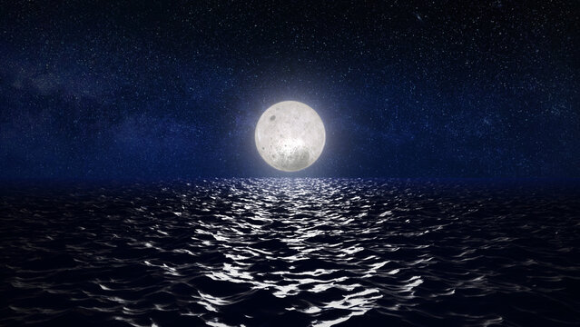 Moon over the sea with moonlight reflections on the water
