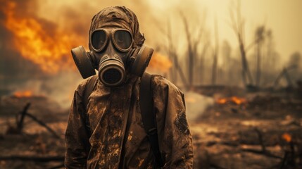 Scorched earth after the end of the world. Man in a mask and protective suit - obrazy, fototapety, plakaty