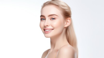 portrait of a beautiful young model woman happy and smiling with clean teeth. on an isolated white background