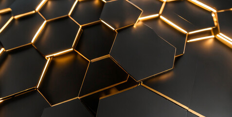 luxury hexagonal abstract black metal background with golden light lines dark d geometric t  - obrazy, fototapety, plakaty