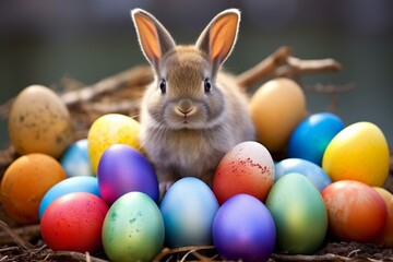 Fototapeta na wymiar Bunny holding colorful eggs. Generative AI