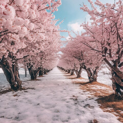 Winter's Blossom: Cherry Trees Defying the Snowtree in snow