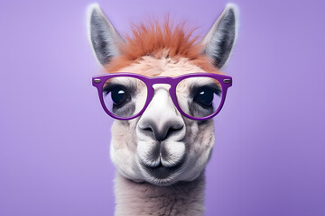  fashionable and funny animal llama in sunglasses looking at the camera isolated on color background