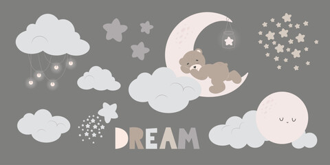 Set nursery elements. Cartoon teddy bear sleeping, moon, inscription dream, clouds and stars. Can be used for kid poster, card baby shower or wallpaper. Vector illustration with dark background. - obrazy, fototapety, plakaty