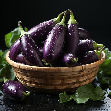 Fresh Eggplant with Water Droplets. Group of Aubergine