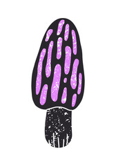 Morel mushroom with grunge texture in pink and black colours. Cartoon vector illustration in gothic style. Isolated on white background