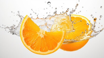 orange fruit cut in half with splash isolated on a white background.