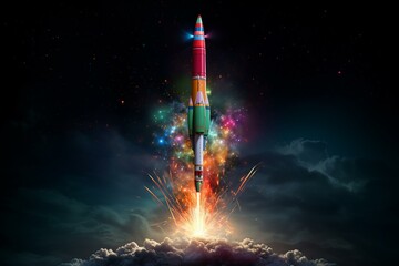 A vivid firework rocket fuse ready to launch against a dazzling fireworks backdrop. Generative AI