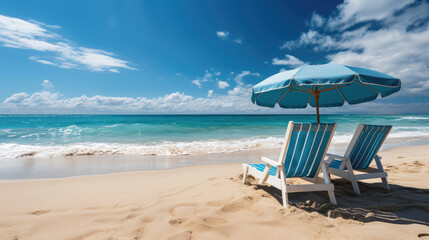 Fototapeta na wymiar Beautiful sea beach landscape travel with chairs and umbrella on white sand tropical beach