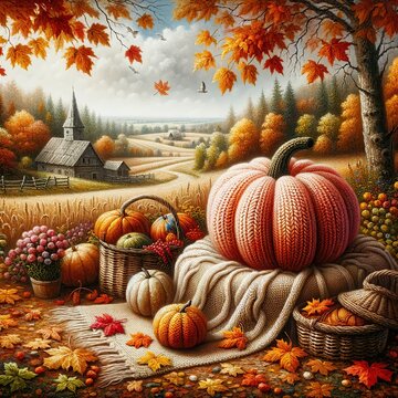 Oil painting style illustration of autumn countryside with knitted pumpkin
