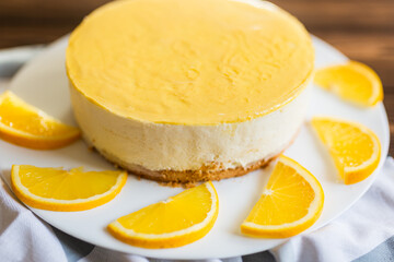 Sugar dessert, cake with cream and citrus. Holiday baking. Homemade pastry