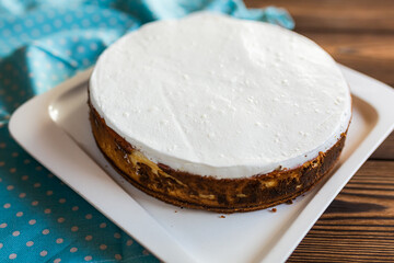 Sugar dessert, cake with cream and chocolate. Holiday baking. Homemade pastry