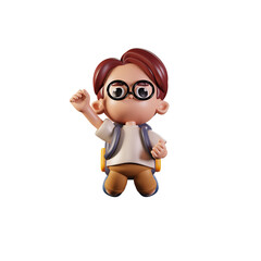 3d Character Student Jumping In The Air Pose. 3d render isolated on transparent backdrop.