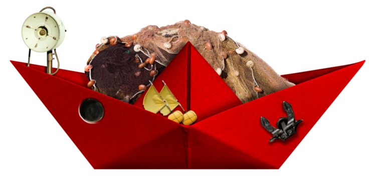 Small red paper fishing boat with fishing nets, buoys with flags, winch and anchor. Isolated on white or transparent background, png.
