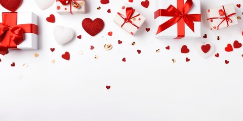 Romantic Love: Red Hearts and Gifts on White Wooden Background
