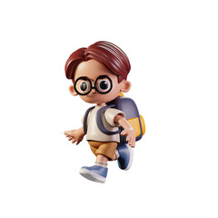 3d Character Student Running Pose. 3d render isolated on transparent backdrop.