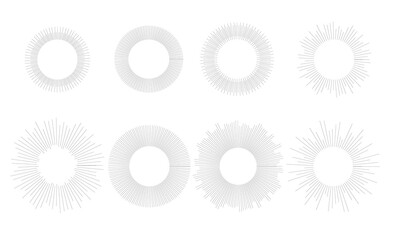 Sunburst shine ray and sparkle frame element in doodle sketch style. Circle twinkle burst of sun, star border. Vector illustration isolated on white background.