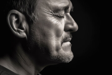 Porträt, Profil eines Mannes mit geschlossenen Augen, schwarz- weiß Bild - obrazy, fototapety, plakaty