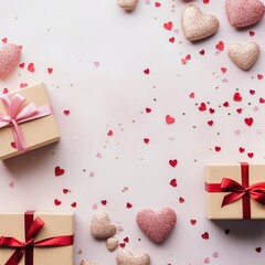 Elegant Valentine's Day Flat Lay with Heart Confetti and Gifts