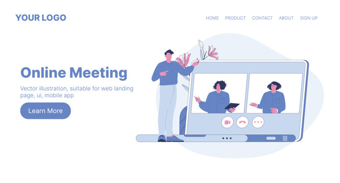 Online Meeting. Web Landing Page Design. Flat Cartoon Vector Illustration.