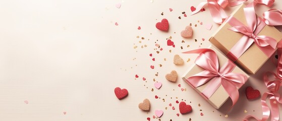 Elegant Valentine's Day Flat Lay with Heart Confetti and Gifts