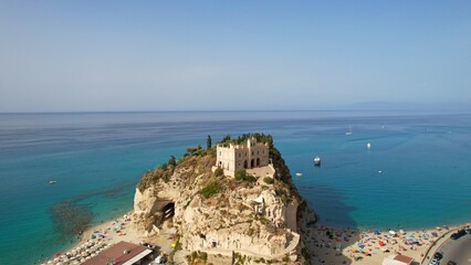 Tropea - Italy - Aerial view of the Byzantine pilgrimage church from the Middle Ages on a steep rock overlooking the sea