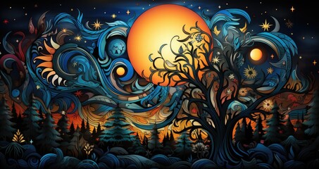 A painting of a tree with a full moon in the background.