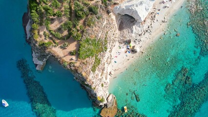 Tropea - Italy - gigantic aerial view vertically down from the steep rock on the beach - obrazy, fototapety, plakaty