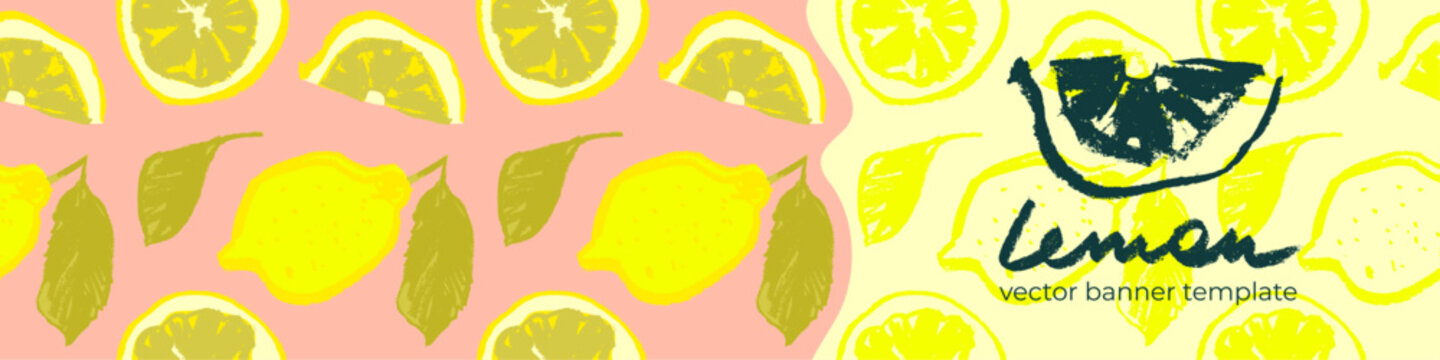 Lemonade banner template with vector color lemon seamless pattern. Citrus fruit backdrop on pink background. Hand drawn lemons illustration. Lemon emblem with green leaves. Botanical fabric pattern.
