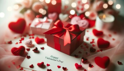 Valentine's Day Concept: Red Gift Box and Love Elements on Blurred Background