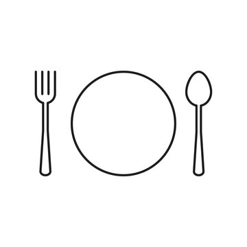 Plate, spoon and fork icon. Tableware line icon. Dinner, utensil, table setting. Restaurant concept