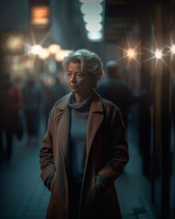 Fototapeta premium Portrait of a person in the city. Portrait of a lonely middle-aged woman walking on the street in the evening. Generative artificial intelligence