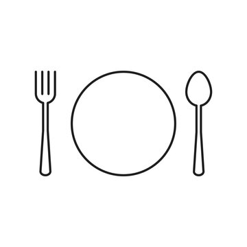 Plate, spoon and fork vector icon. Tableware line icon. Dinner, utensil, table setting. Restaurant concept