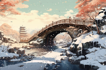 illustration of a view of a snow-covered bridge