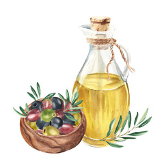 Composition of glass jug with olive oil, olives and olive branches in wooden bowl side view isolated on white background. Hand drawn watercolor illustration. For menu, product and italian, greek