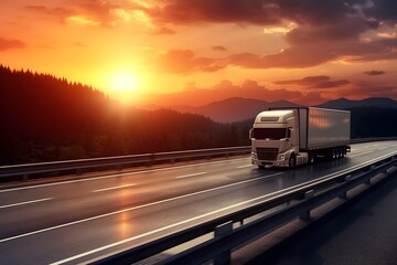 Freight Truck on Highway at Sunset. generative ai