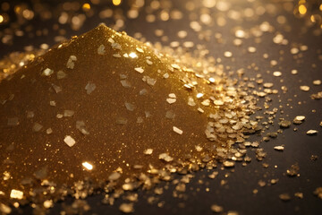 Gold dust flakes pile sprinkled on a black dark background with copy space bokeh